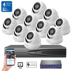 Професионален IP комплект с 10бр 4MPX Star Light куполна IP камера с микрофон и цветно нощно виждане + 4K 8MPX NVR и PoE Суич - 10IP4MDA-PoE