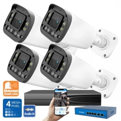 4IPMV4-PoE — 5x моторизиран IP PoE комплект с 4 камери 4MPX Full Color с микрофон, говорител и цветно нощно виждане и 10 канален 4K NVR и PoE суич