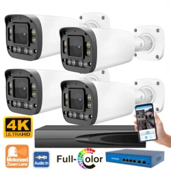 4IPMV4K — 4 канален 8MPX 4K комплект с IP моторизирани камери с Full Color цветно нощно виждане до 60м, микрофон, говорител и 10 канален 4K NVR и PoE суич