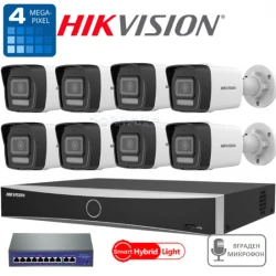 HIK8BIPH - 8 канален IP POE комплект 8бр. камери 4MPX с микрофон и Dual Light цветно нощно виждане, 8 канален 4К NVR Hikvision и PoE суич