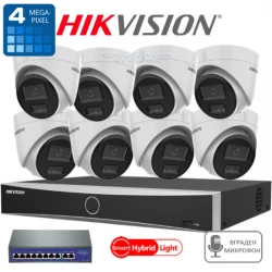 HIK8DIPH - 8 канален комплект Hikvision с 4К NVR и 8бр. IP куполни PoE камери 4MPX Dual Light с микрофон и цветно нощно виждане и PoE суич