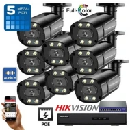 HIK8IP-BLA — Цифров IP комплект с 8 външни камери 5MPX с PoE захранване, Dual Light за цветно нощно виждане и микрофон, NVR Hikvision и PoE суич